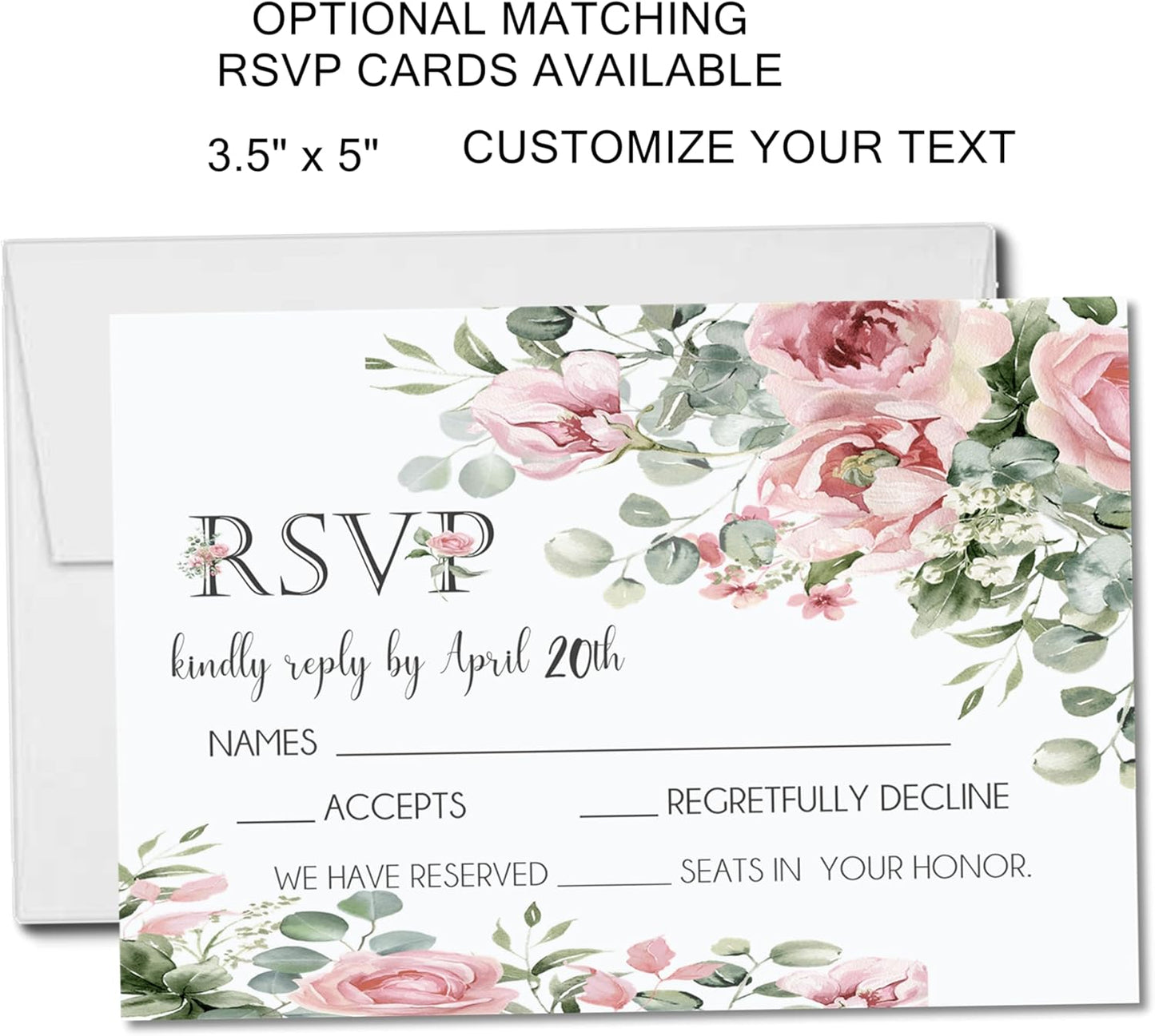 Pink Rose Wedding Invitations, Garden Floral, Personalized, Set of 12 Invitations with Envelopes