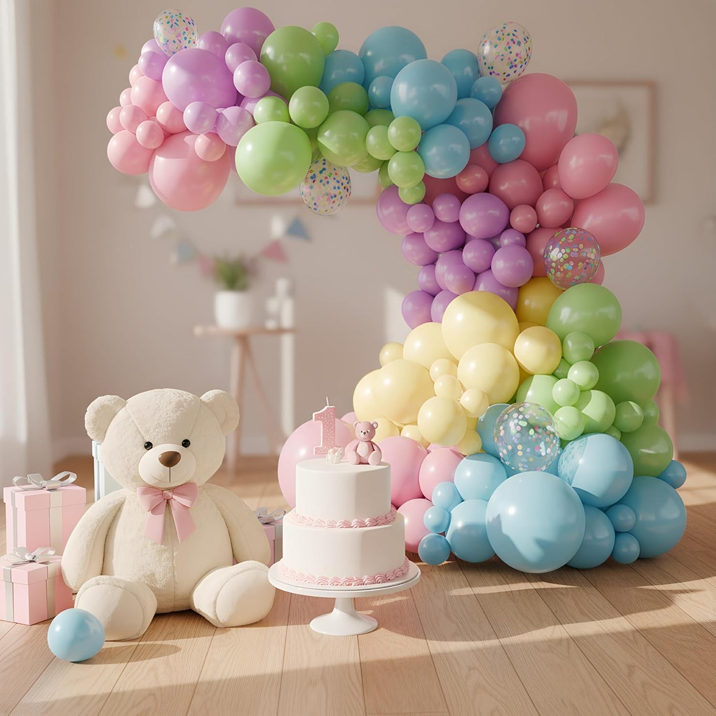 Balloon Garland Arch Kit – 146 Pcs Pastel Green, Blue, Violeet, Pink, Yellow & Confetti Balloons for Baby Shower, Birthday, Gender Reveal, Wedding Party – DIY Kit by Vellax™
