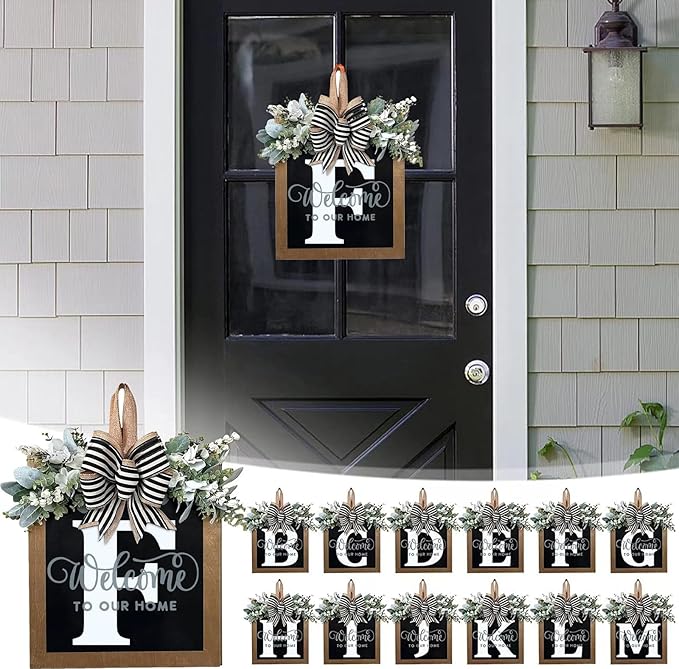 Last Name Year Round Front Door Wreath Front Porch Decoration 26 Letter Welcome Sign with Eucalyptus Garland and Bow Spring Wreaths for Front Door Outside Hanger Garland（F）