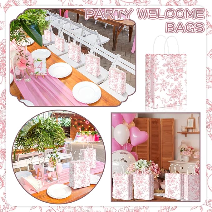 Kolldenn 24 Pcs Pink Floral Gift Bags with Handles Wildflower Party Favor Candy Treat Goodie Bags Scalloped for Birthday Decoration for Bridal Baby Shower Party Supplies