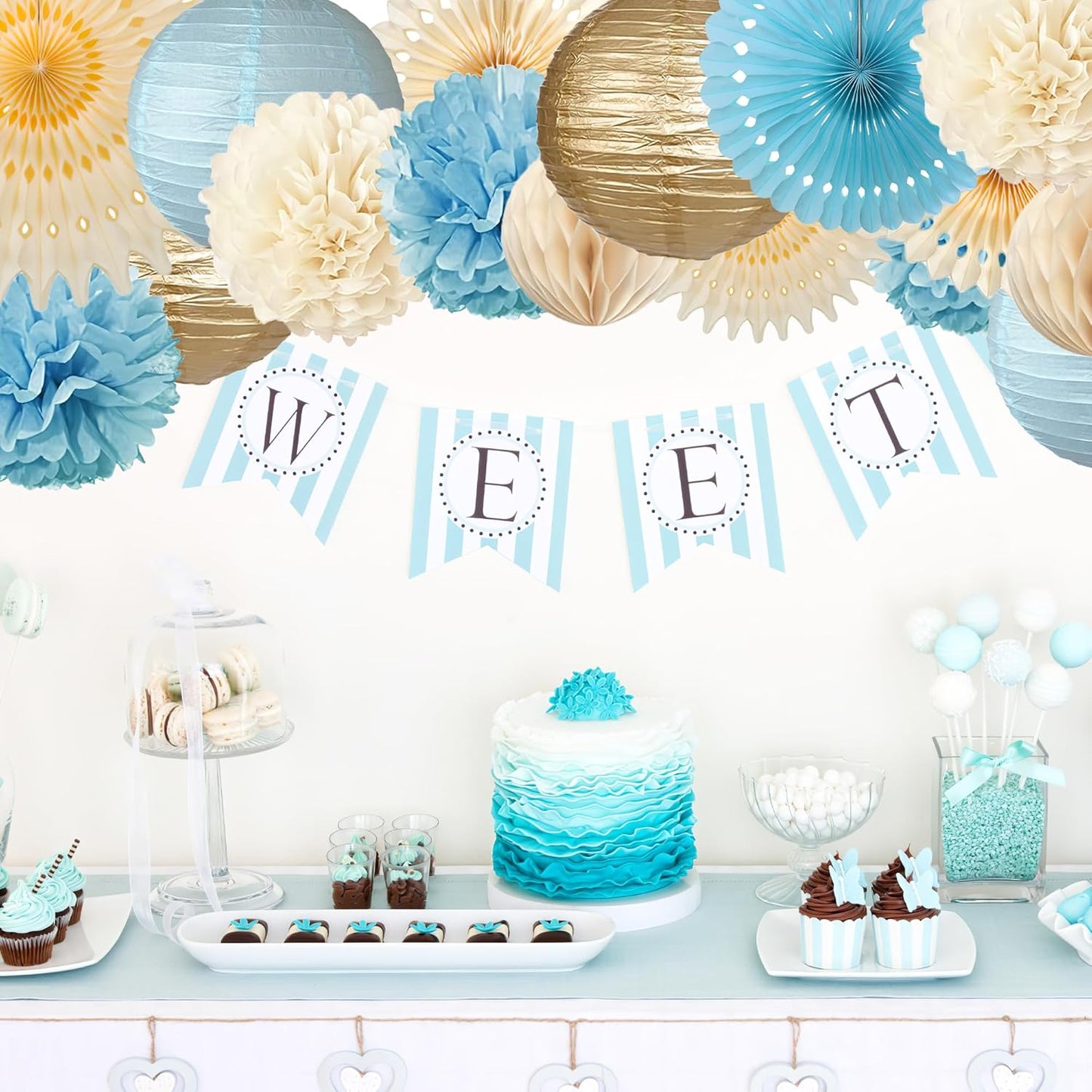 Dusty Blue and Cream Party Decorations Light Blue Paper Fans Paper Lanterns Pom Poms Flowers for Baby Shower Birthday Wedding Engagement Party