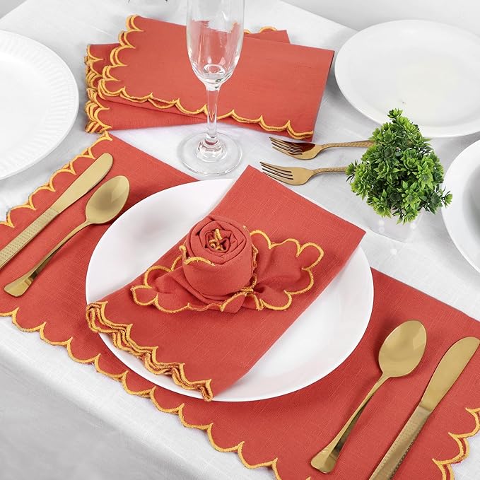 FINGERCRAFT Cloth Napkins, Everyday Use Scallop Design, Premium Quality Natural Cotton Napkin Set of 6 Perfect for Parties Dinners Weddings Easter Napkin Cloth 20x20 inch Rust/Gold