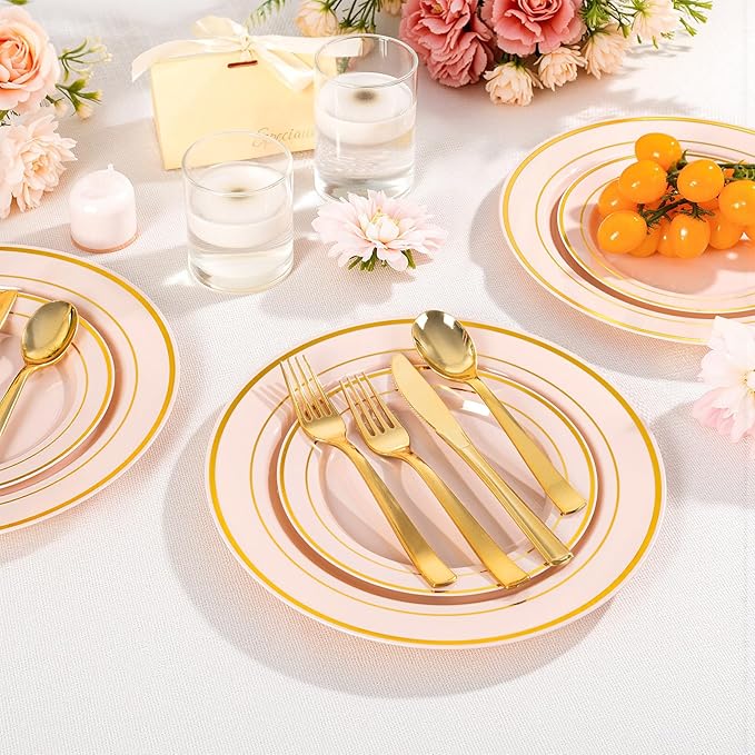 100Pcs Pink Plastic Dessert Plates, Disposable Salad Plate with Gold Rim, Premium Hard Fancy Small Plates, Heavy Duty Plastic Cakes Plates for Party, Wedding&Birthday&Valentine's Day
