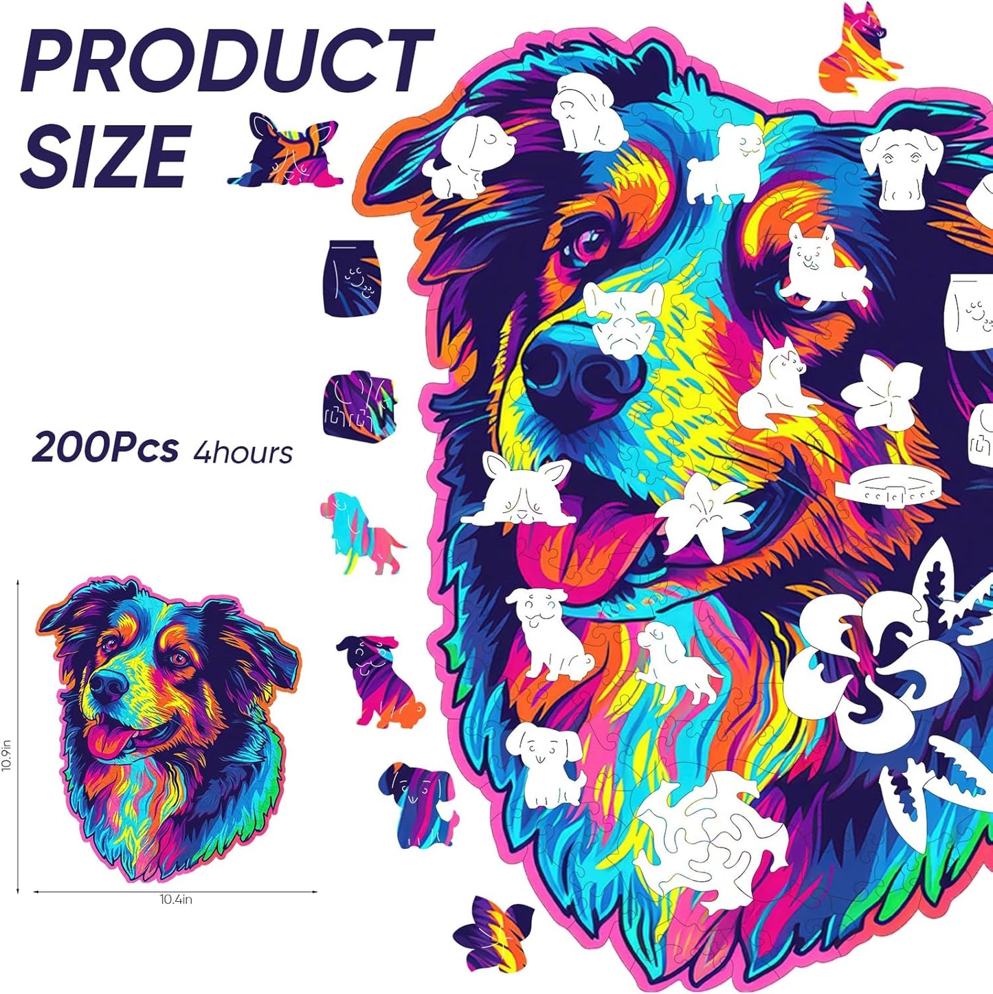 Reouinty Australian Shepherd Dogs Wooden Puzzle Stained Colorful (9.7 * 11.2in-200pcs) Art Painting Wooden Puzzle for Kids Adults, Birthday Mother's Father's Day Christmas for Dad Mom Son Daughter