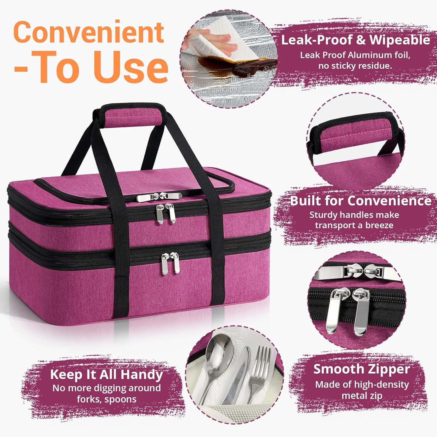 Insulated Double Casserole Carrier - Portable Casserole Carriers for Hot or Cold Food Lunch Tote Warmer or Cooler Bag for Potluck Parties Picnic Cookouts, Fits 9" x 13" Baking Dish - Pink