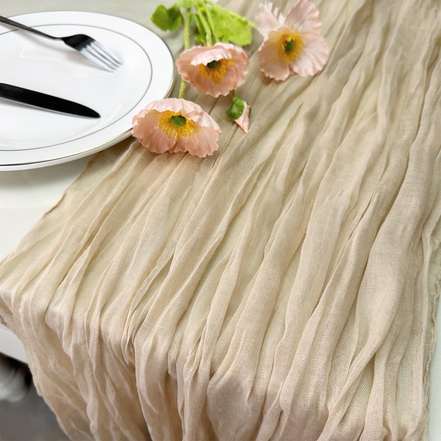 Booque Valley 3 Pack Beige Cheesecloth Table Runner 10ft Super Soft Boho Wrinkled Gauze Sheer Cloth for Baby Shower Baptism Birthday Party Wedding Centerpiece Table Decoration, 35x120 Inch