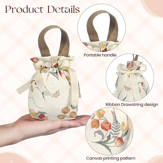 Liobelon Small Floral Gift Bags with Handles,8 Pieces Floral Canvas Drawstring Bags Small Candy Treat Bag Tea Party Favor Bag Jewelry Pouches for Women Wedding Birthday Party Supplies (Champagne)