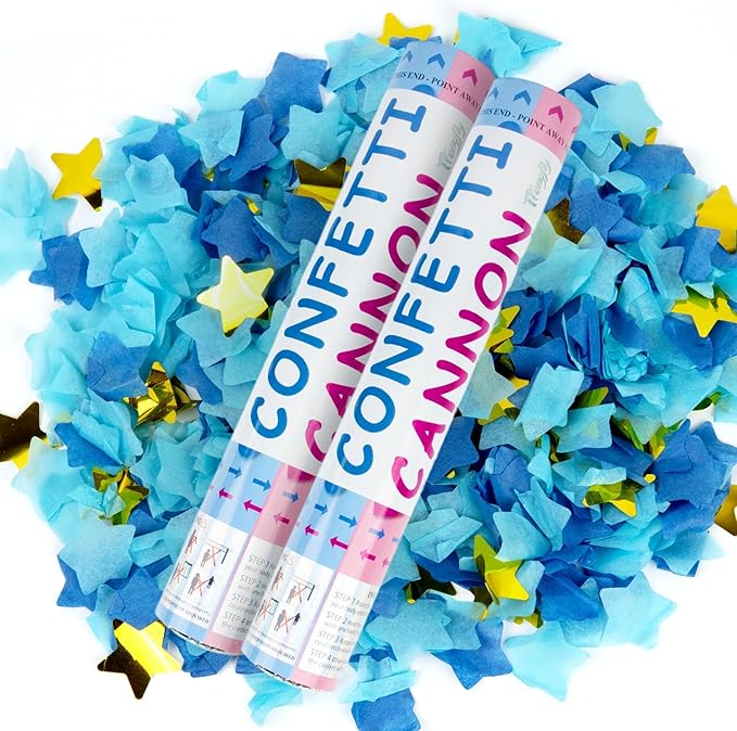 2 Pack Gender Reveal Confetti Cannon, 12 in Blue Star shaped Paper Party Poppers Cannons, Confetti Poppers For Baby Boy Girl Gender Reveal Baby Showers (Star, Blue)