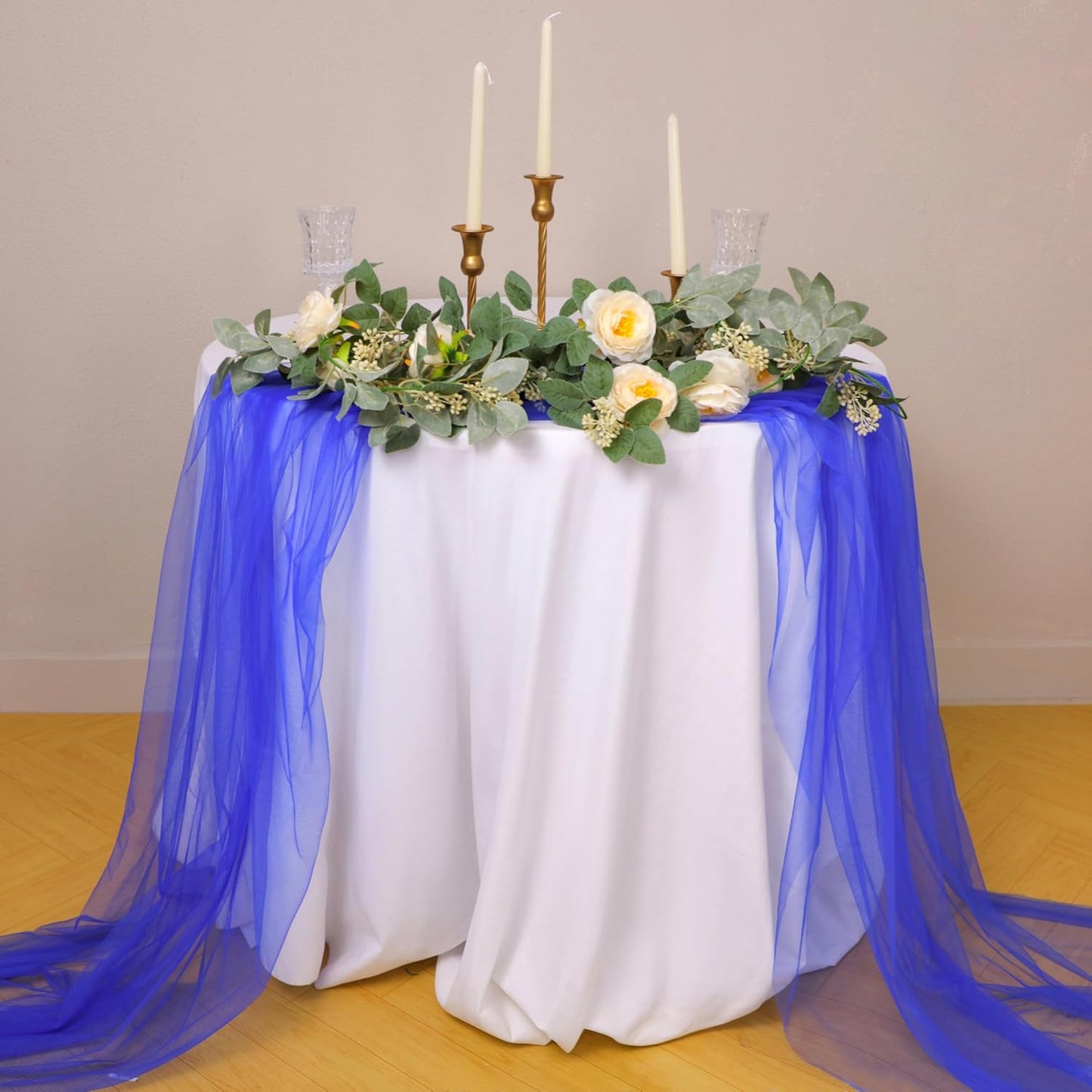 Snowkingdom Royal Blue Table Runner, 10FT Blue Tulle Rustic Gauze Cheesecloth Table Decorations, Long Boho Rustic Tulle Fabric Runners for Christmas Wedding Baby Shower Birthday Party Home Decor
