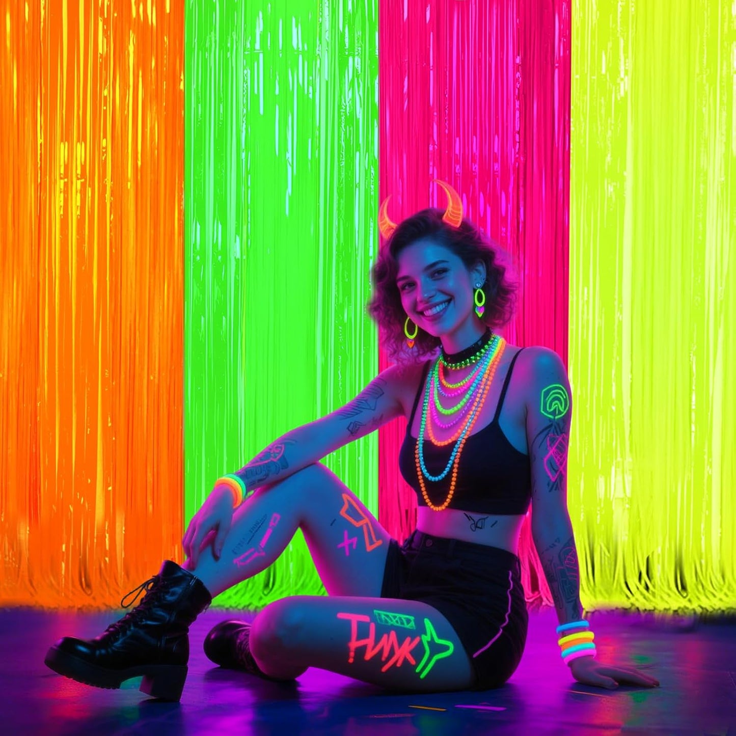 ADLKGG Glow in The Dark Party Supplies, 4Pcs Neon Party Decorations, Fluorescent Green Orange Yellow Fuchsia Foil Fringe Curtains Backdrop for Birthday Halloween Pool Photo Booth Prop