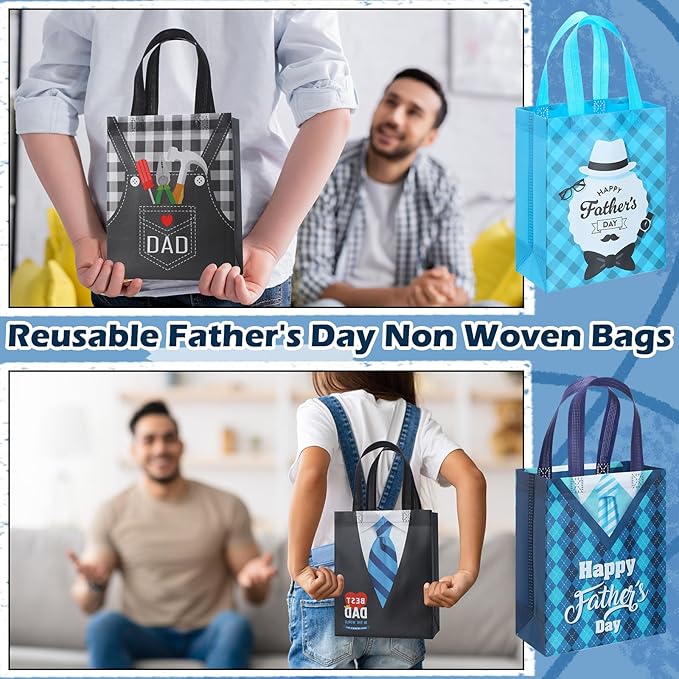 Wesnoy 24 Pcs Father's Day Gift Bags Treat Bags with Handle Happy Father's Day Tote Bags Reusable Best Dad Non Woven Gift Wrap Bags Fathers Day Goodie Bags for Dad Grandpa Party Favor Supplies