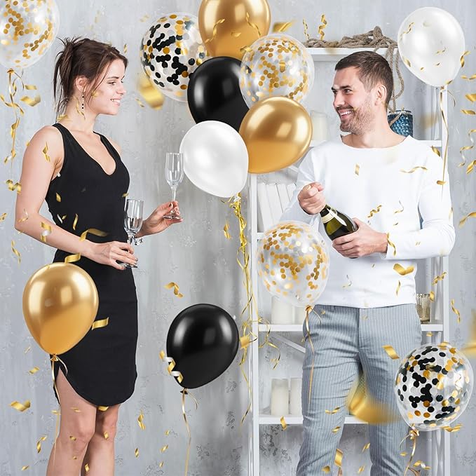 Black Gold Confetti Balloons, 12 Inch Black and Gold Balloons with Ribbons Party Decorations for Graduation Birthday Wedding Prom Engagement New Years Bridal Shower Bachelorette Cocktail Party