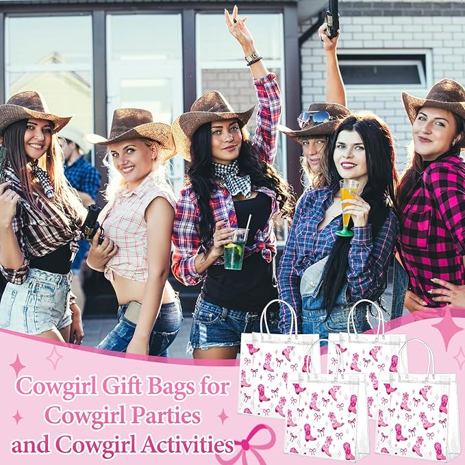 Kacctyen 24 Pcs Cowgirl Gift Bags for Party Favor Clear Cowgirl Goodie Bags with Handle 7.87 x 7.87 x 3.15 Return Gift Wrap Totes for Guests Treat Candy Wrapping