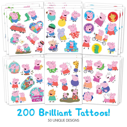 Peppa Pig Temporary Tattoos for Kids HUGE 200 pack. Great for Birthday Parties. Made in the USA with Safe Ink.