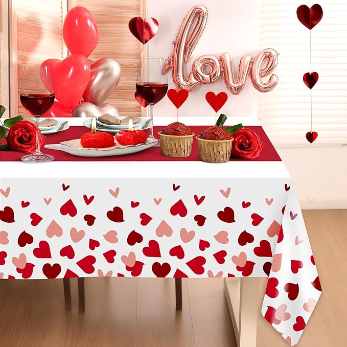 Childom 2 Pcs Valentines Day Tablecloths for Valentines Day Decorations,54" x 108" Disposable Plastic Tablecloths,Rectangle Heart Table Cover for Party Decorations Mothers Day Anniversary Birthday