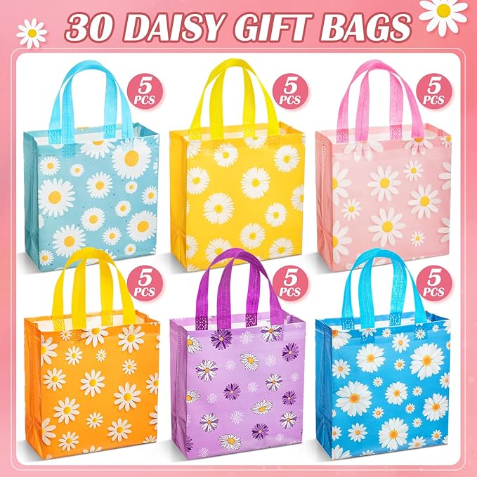 HunnmingRe 30 Pcs Daisy Flower Gifts Bags with Handles Daisy Party Favors Bag Bulk Summer Non Woven Reusable Goodies Treat Handbags for Birthday Wedding Baby Shower Party Supplies, 6 Style