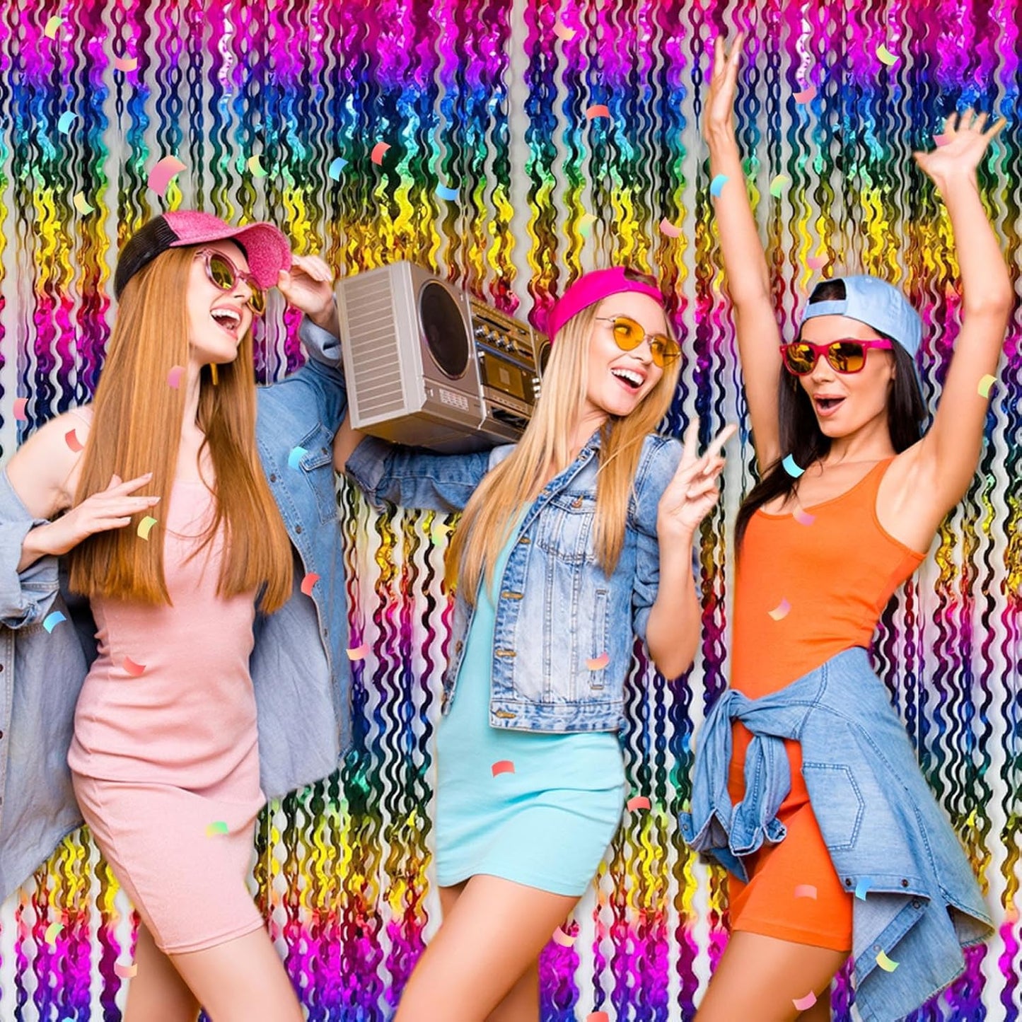 4 Pack Rainbow Fringe Curtain Backdrop 3.2Ft x 8.2Ft Metallic Tinsel Foil Fringe Streamers Background for Photo Booth Mother's Day, Easter, Carnival, Birthday, Wedding Party Decoration