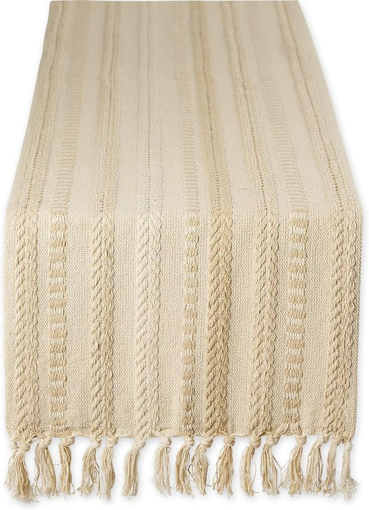 DII Farmhouse Braided Stripe Table Runner Collection, 15x72 (15x77, Fringe Included), Vintage Linen