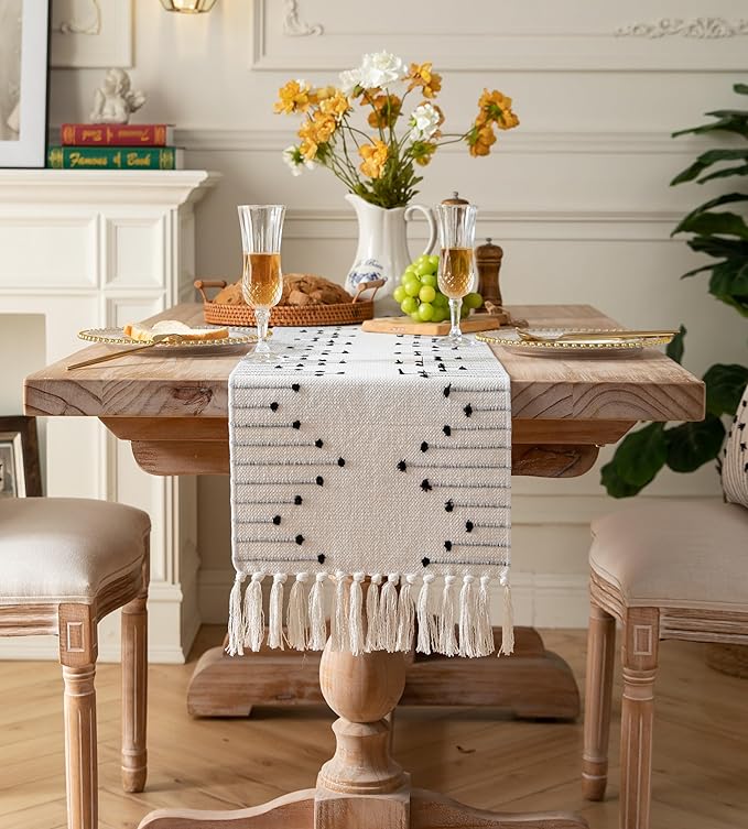 Boho Table Runner 13 x 90 Inch Long Natural Cotton Woven Runner with Tassels for Home Dining Table décor, for Modern Farmhouse Decor Coffee Table Runner, Black and Beige