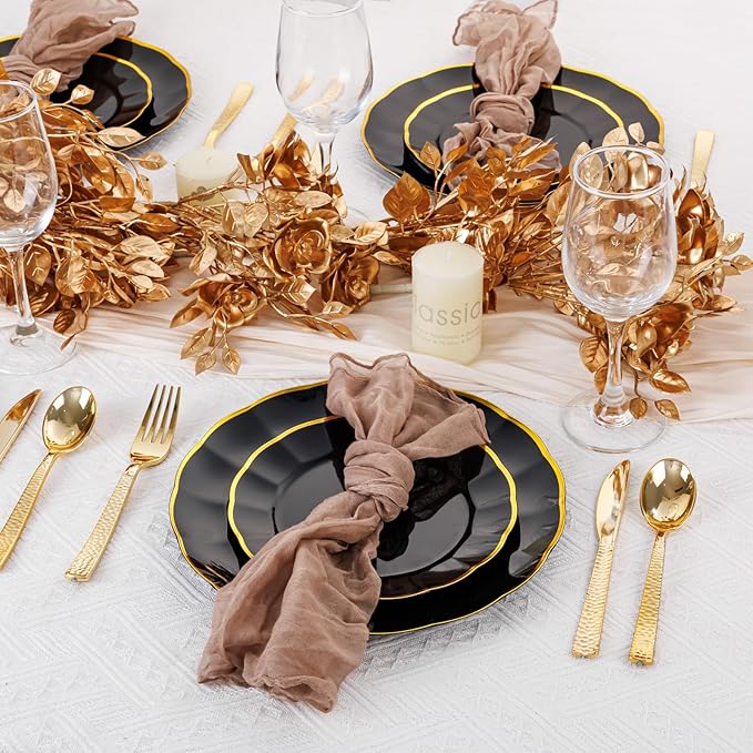 supernal 60pcs Black and Gold Birthday Plates Plastic Plates for Party and Fancy Disposable Plate Heavy Duty Scalloped Plate Wedding Disposable Dinnerware Included 30 Dessert & Dinner Plate