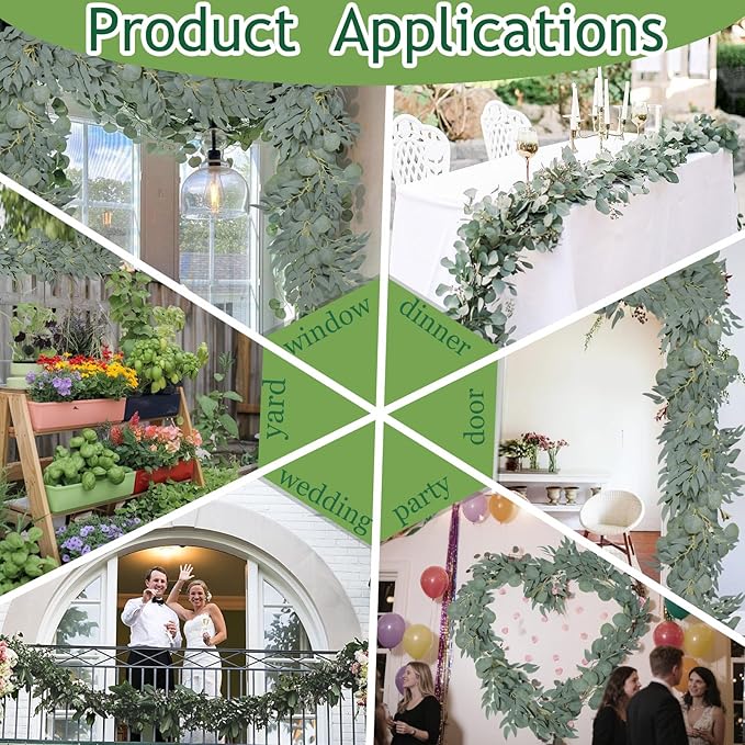 Grever 2 Pack Artificial Eucalyptus Garland with Willow Leaves Handmade Faux Greenery Garland 6.56 Feet for Wedding Backdorp Arch Wall Table Runner Decor Birthday Bridal Baby Shower Indoor Outdoor