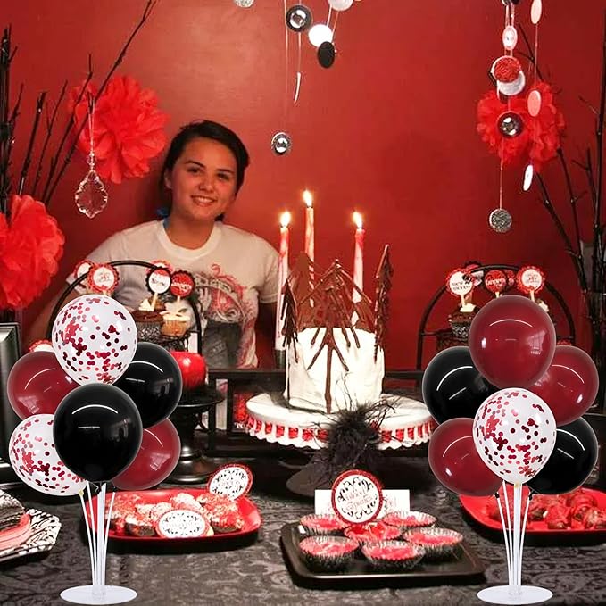 TONIFUL 4 Set Wine Red and Black Balloon Centerpieces for Table,Balloon Stand Kit for Black Red Party Decor 2026 Graduation,Wedding,Chinese New Year,Retirement,Halloween,Birthday Party Decorations