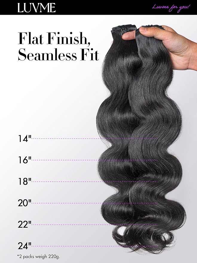 LUVME Body Wave Seamless Clip in Hair Extensions 2 Pack 220g, 18 Inch Natural Black, 100% Real Remy Human Hair, Soft Full Volume, Easy Clip Ins for Daily Wear, Work, Parties & Weddings
