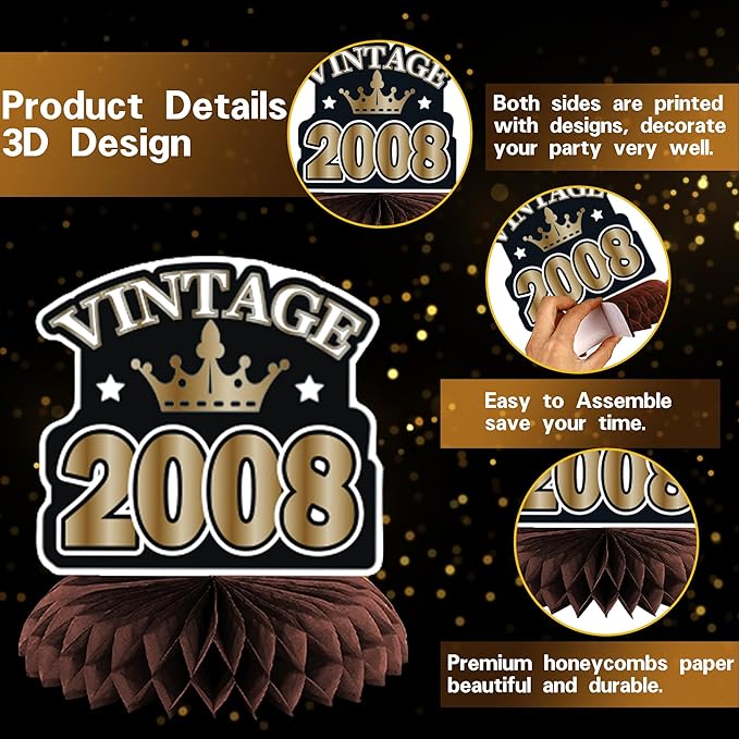 DARUNAXY 18th Birthday Party Decorations for Boys, Vintage Back in 2008 Banner, Black 18 Number Balloons & Cake Topper, Vintage 2008 Sweet 18 Birthday Honeycomb Hanging Swirl Confetti Balloons(30PC)