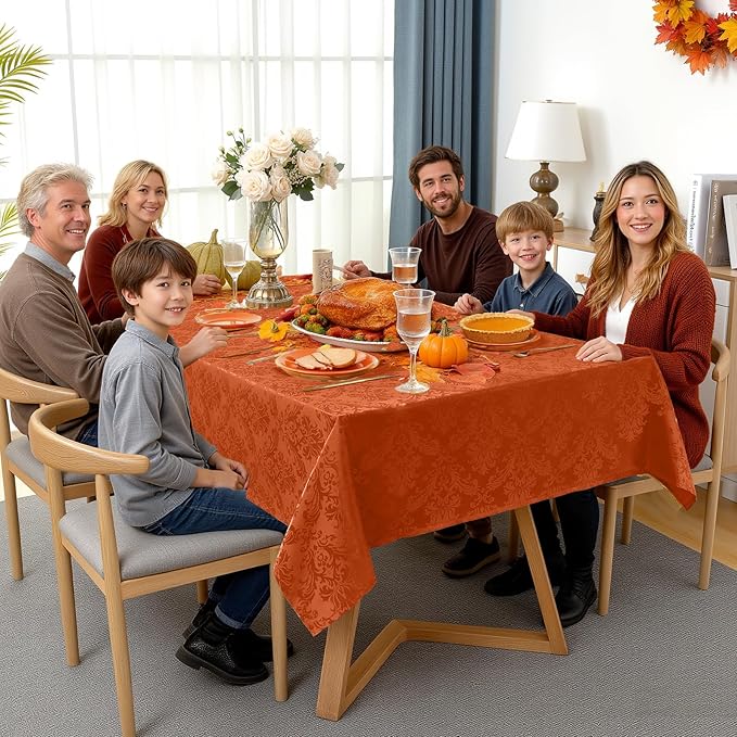 SASTYBALE Jacquard Rectangle Tablecloth, Rusty Spill-Proof Wrinkle Resistant Damask Table Cloth, Soft Polyester Oblong Table Cover for Kitchen Parties Thanksgiving - 60 x 102 Inch Rust