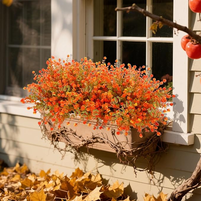 12 Bundles Faux Mums for Fall Decor, UV Resistant Fall Flowers Artificial for Decoration Fake Mums for Thanksgiving Halloween Autumn Indoor Outdoor Garden Porch Window Wedding Cemetery(Fall Orange)