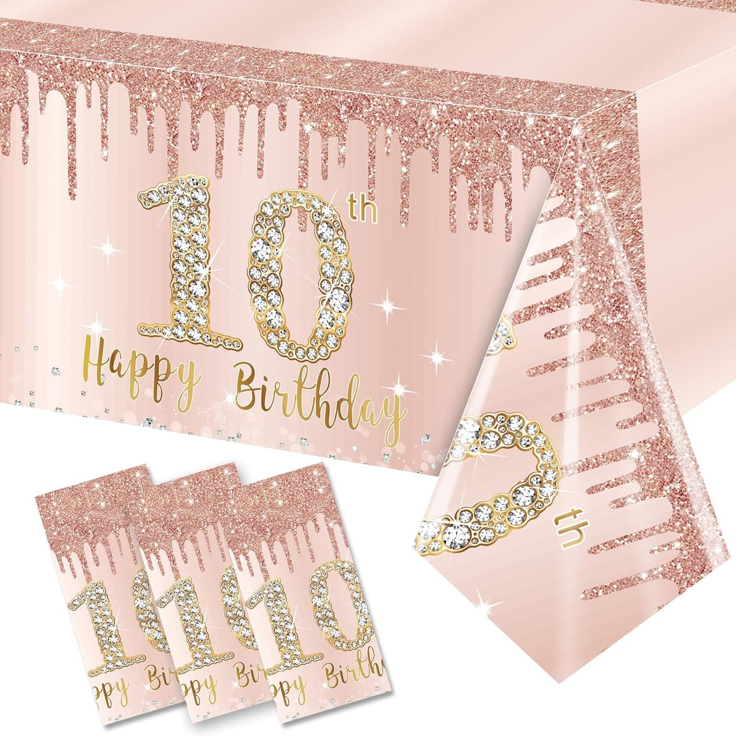 3 Pack 10th Birthday Decorations for Girls - Pink Rose Gold Happy Ten Theme Table Cover Party Supplies - Plastic Disposable Rectangular Tablecloth Decor