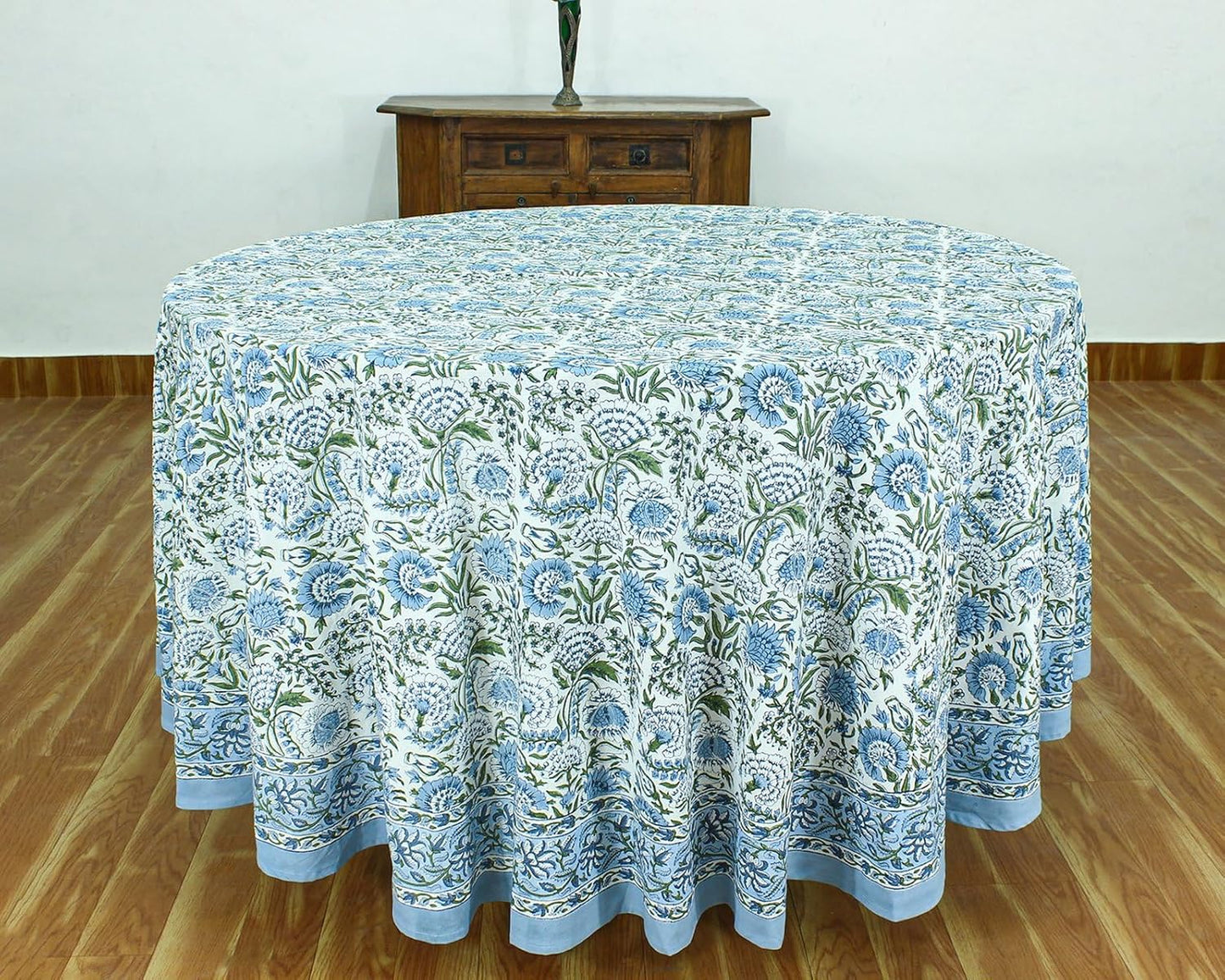 90 Inches Round Hand Block Printed Cotton Tablecloth, Blue Green Floral Table Cloths Washable, Indian Table Linen for Dinning Home Decor Autumn Outdoor Thanksgiving Gifts