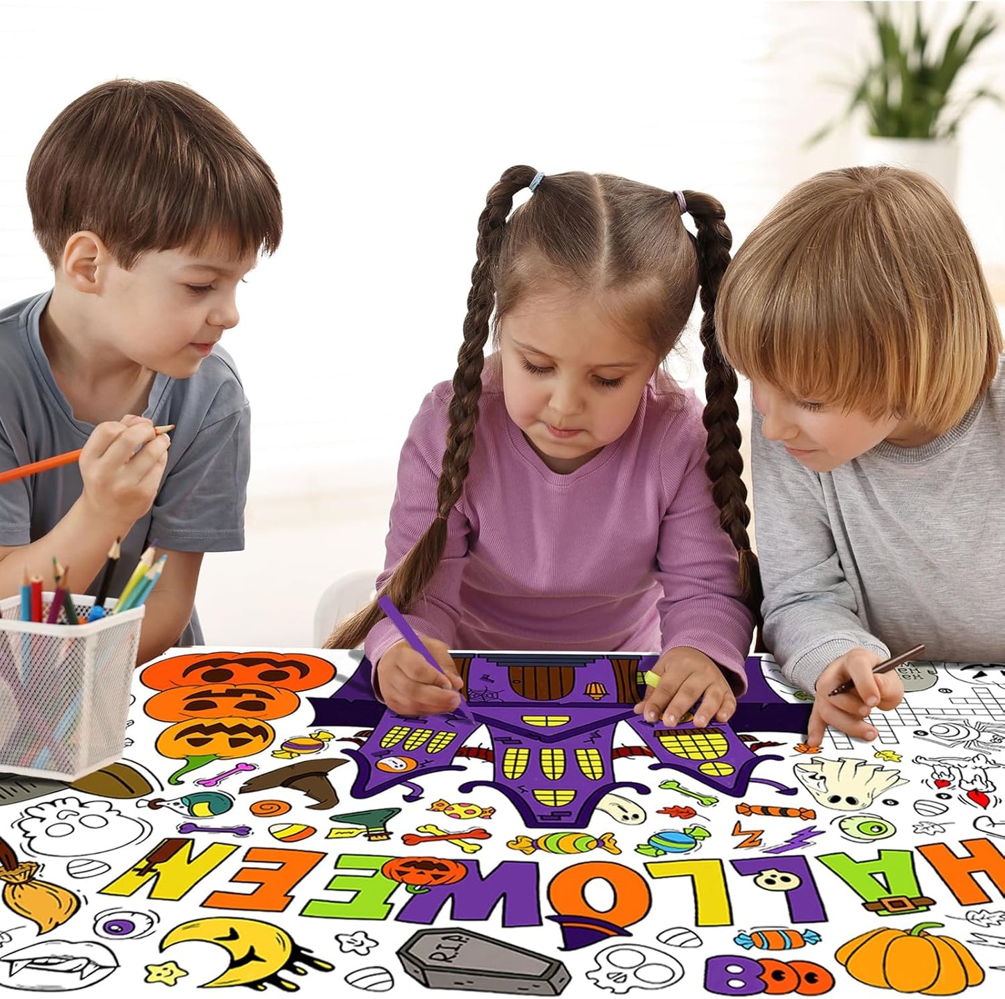 Halloween Coloring Tablecloth - 31.5 x 72 Inches,Versatile Paper Coloring Banner/Table Cover for School Party Halloween Decoration