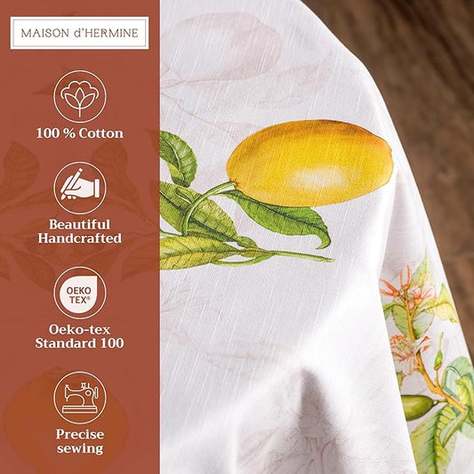 Maison d' Hermine Table Cloth Round Table 100% Cotton 63 Round Inches Tablecloth Reusable Decorative for Dining Room Farmhouse Home Valentines Day Decorations Spring Summer - Limoncello