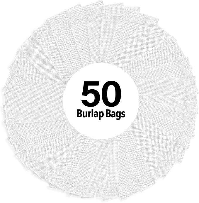 Mandala Crafts 3x4 Inch White Burlap Drawstring Gift Bags for Favors - 50 Mini Linen Sacks Gift Pouches for Candy, Jewelry, Wedding, and Party Supplies