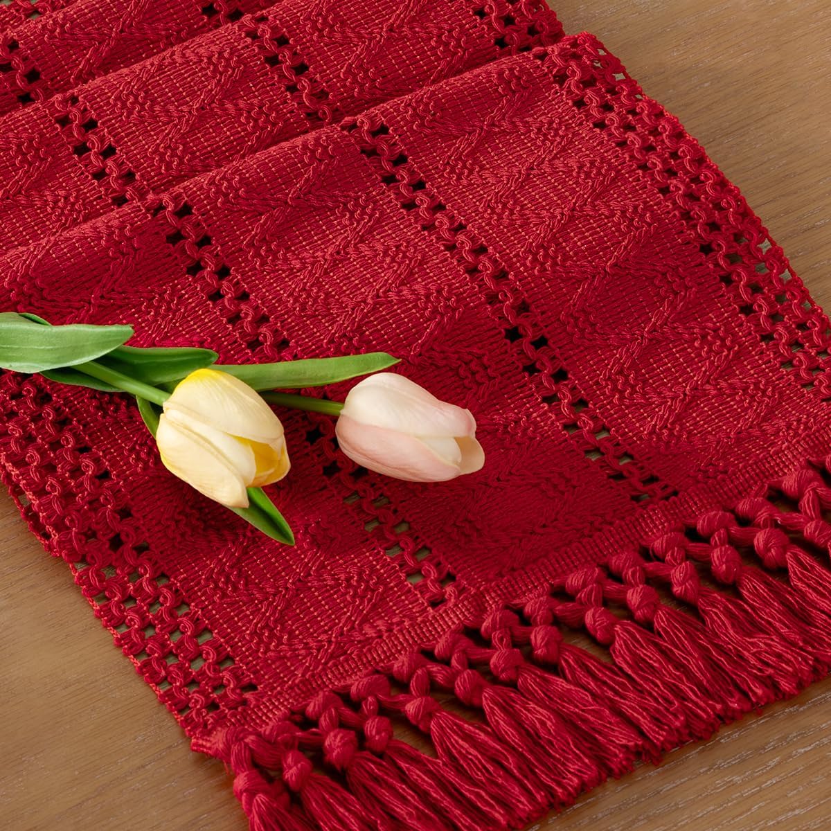 Socomi Boho Table Runner Fall Thanksgiving Farmhouse Rustic Dining Kitchen Centerpiece Decor Small Macrame Woven Cotton Linen Coffee Table Runner for Dresser Scarf Home Decor 12x36 in Red