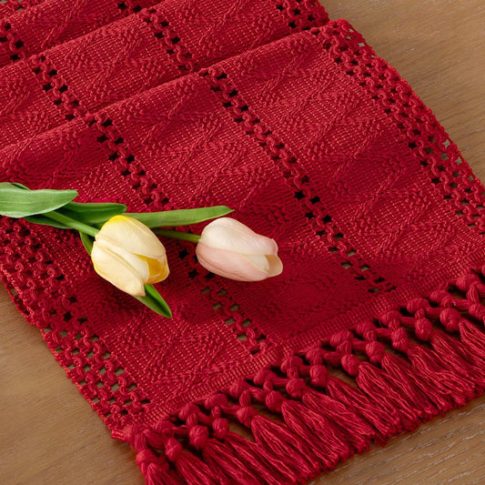 Socomi Boho Table Runner Fall Thanksgiving Farmhouse Rustic Dining Kitchen Centerpiece Decor Small Macrame Woven Cotton Linen Coffee Table Runner for Dresser Scarf Home Decor 12x36 in Red