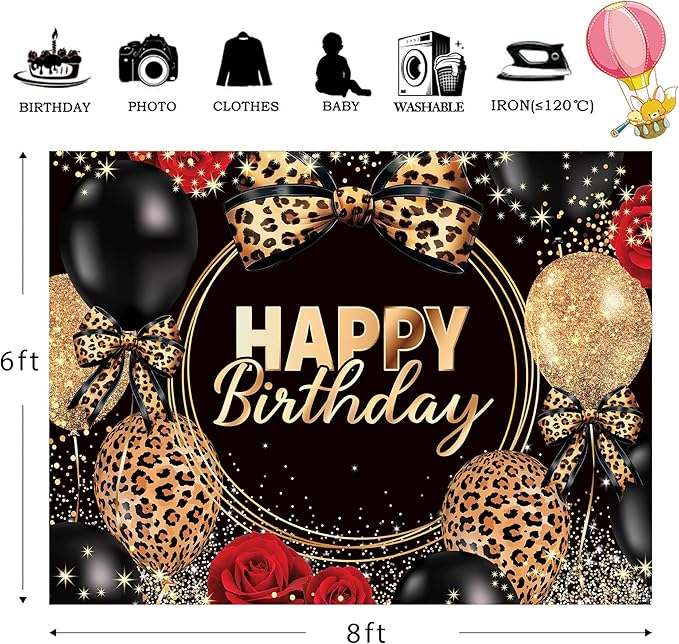 Homewelle Leopard Print Bow Happy Birthday Backdrop 8Wx6H Feet Polyester Fabric Black Gold Red Rose Cheetah Print Bownot Decoration Balloon for Women Girl Photography Background Photo Shoot Props