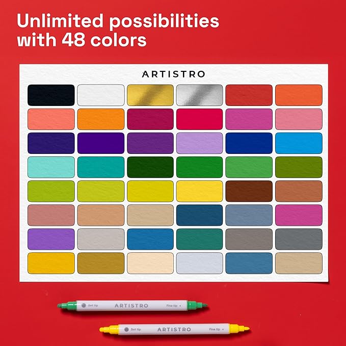 ARTISTRO 48 Acrylic Paint Markers for Rock, Fabric, Wood, Glass, Decoration - Dual-Tip Paint Pens for Coloring Books for Adults, Teens, Kids - Art and Craft Supplies Kit - Gift Idea