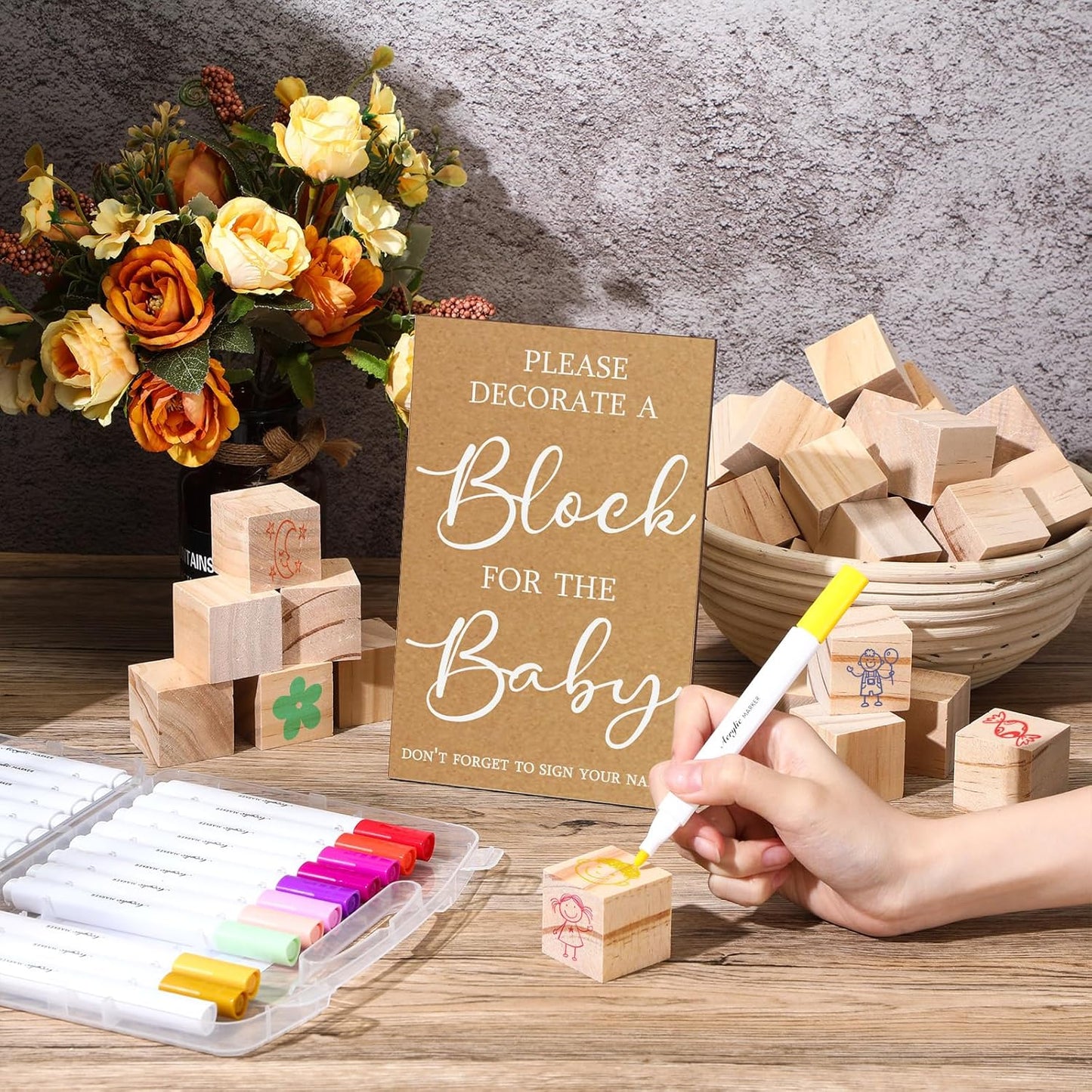 Tatuo 75 Pcs Baby Shower Games Sign Kit Including Decorate a Block Game Sign 50 DIY Wooden Block 24 Acrylic Paint Marker Baby Shower Prize for Gender Reveal Party(Kraft)