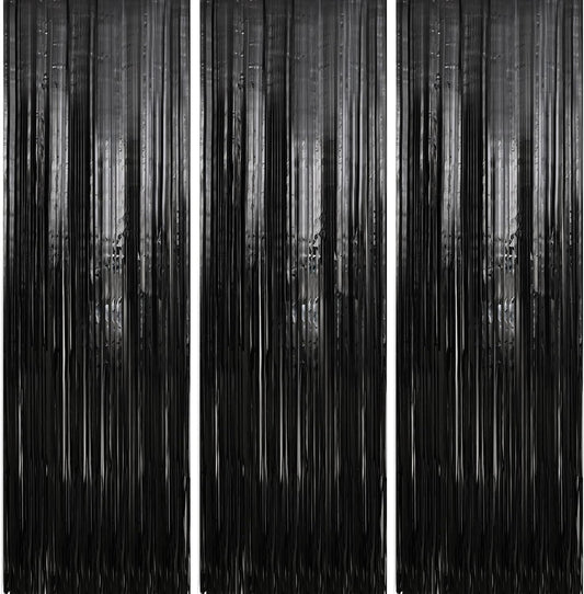 Crosize 5 Pack 3.3 x 9.9 ft Black Foil Fringe Curtains Party Decorations, Black Tinsel Curtain Backdrop for Parties, Door Streamers, Glitter Streamer Backdrop for Birthday Decoration