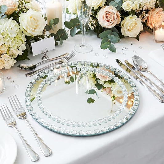 Suclain 6 Pcs Mirrored Glass Charger Plates 13 Inch Silver Mirror Plates Round Chargers for Dinner with Diamond Rim Settings for Wedding Birthday Party Events (Round Diamond Rim)