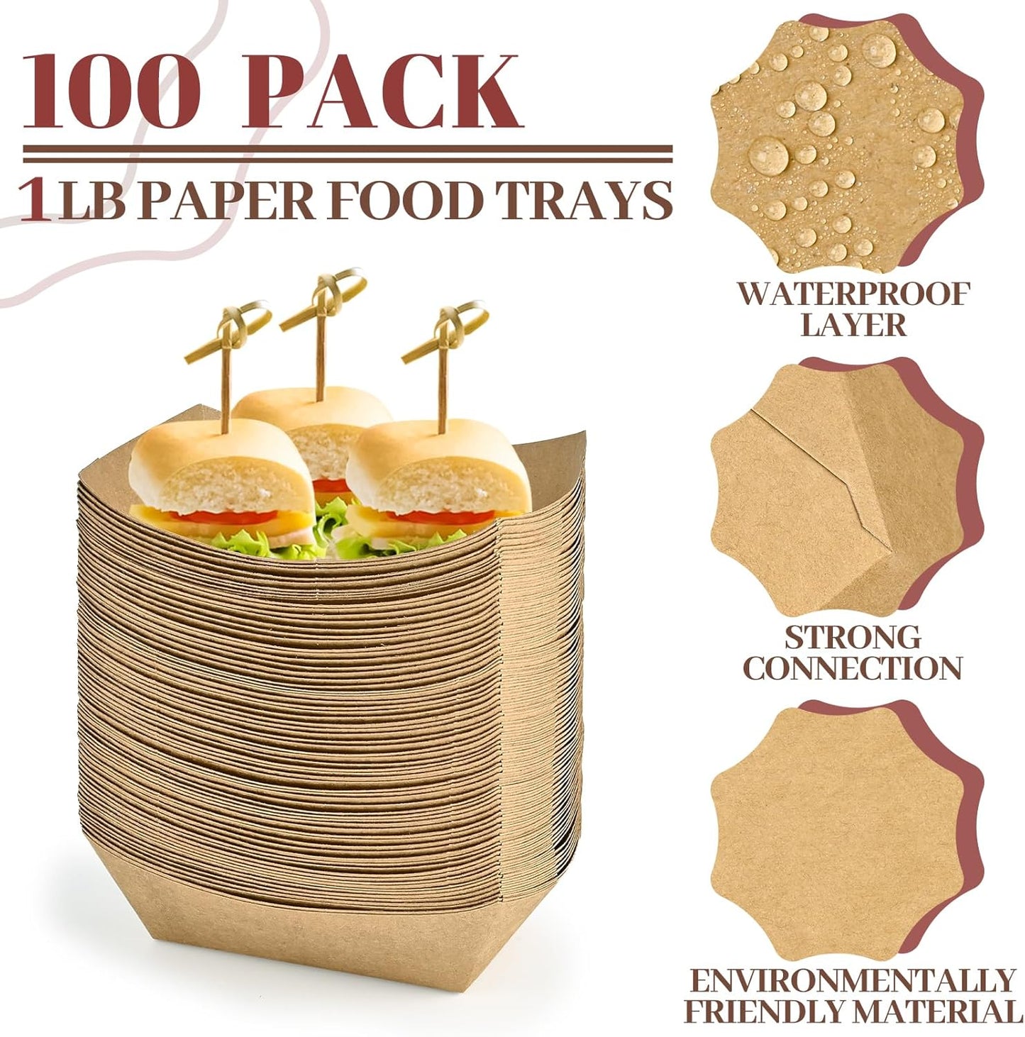 Ocmoiy 1lb Paper Food Trays, 100 Pack Heavy Duty Kraft Food Boats Holders Disposable Serving Basket Trays for Nachos, Fries, BBQ, Festivals, Party