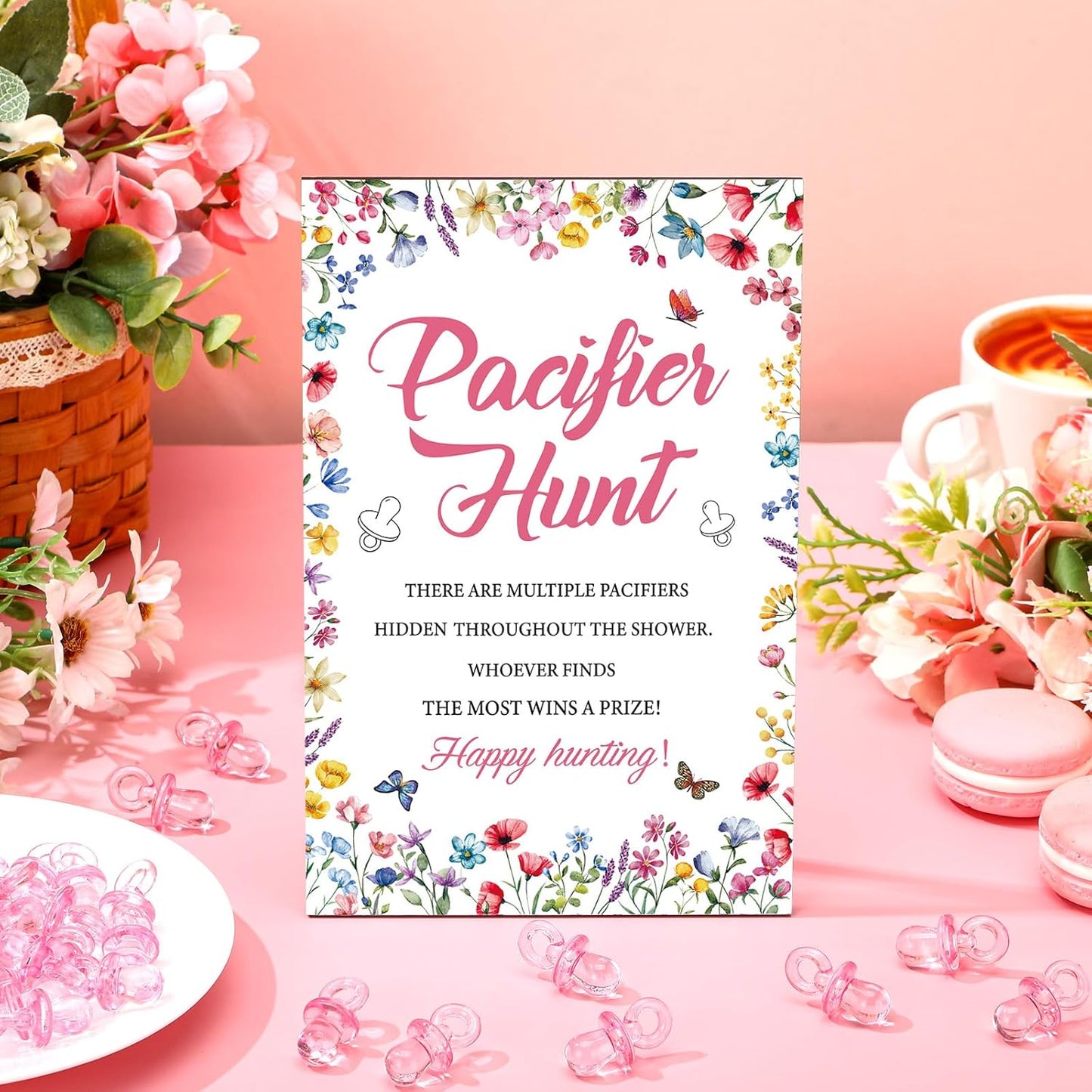 Thyle 51 Pcs Pacifier Hunt Baby Shower Games Include Hunt Sign and 50 Acrylic Pacifiers for Baby Shower Game Decoration Gift Sets Gender Reveal Party Decor(Wildflower)