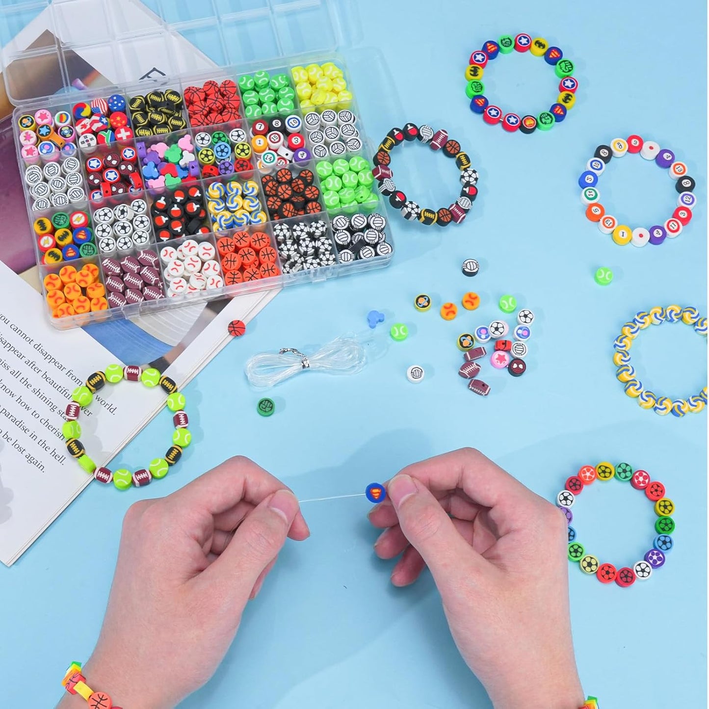 Gionlion Sports Polymer Clay Beads Bracelet Making Kit, Clay Beads with Basketball, Soccer, Baseball, and Football Designs for DIY Jewelry & Craft Projects