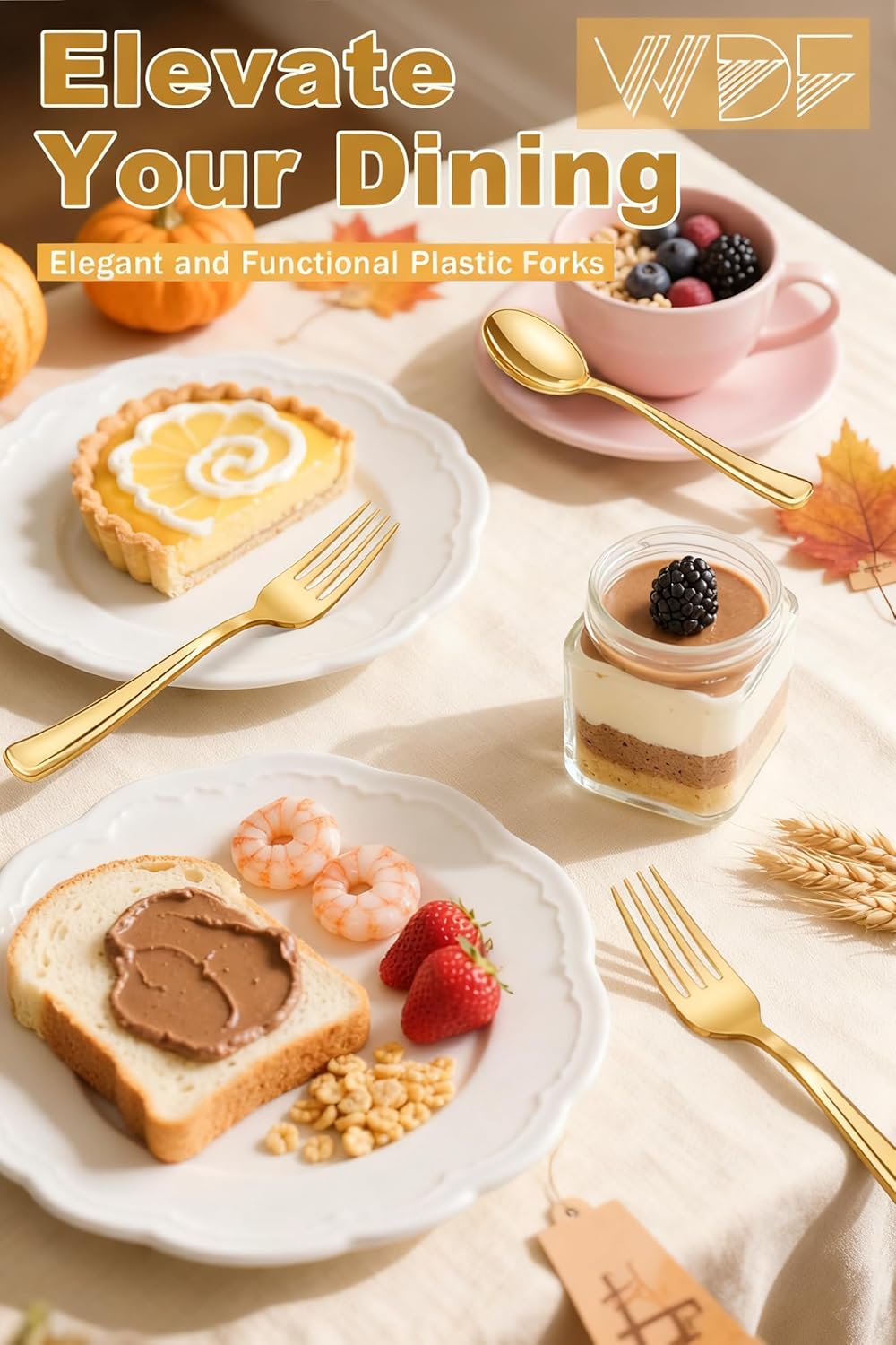 WDF 100 Pcs Gold Plastic Forks Heavy Duty - BPA-FREE, Sturdy&Durable Forks Disposable 7.4inch - Elegant Gold Forks for Dessert, Durable Plastic Cutlery for Thanksgiving Party, Wedding or Daily Using