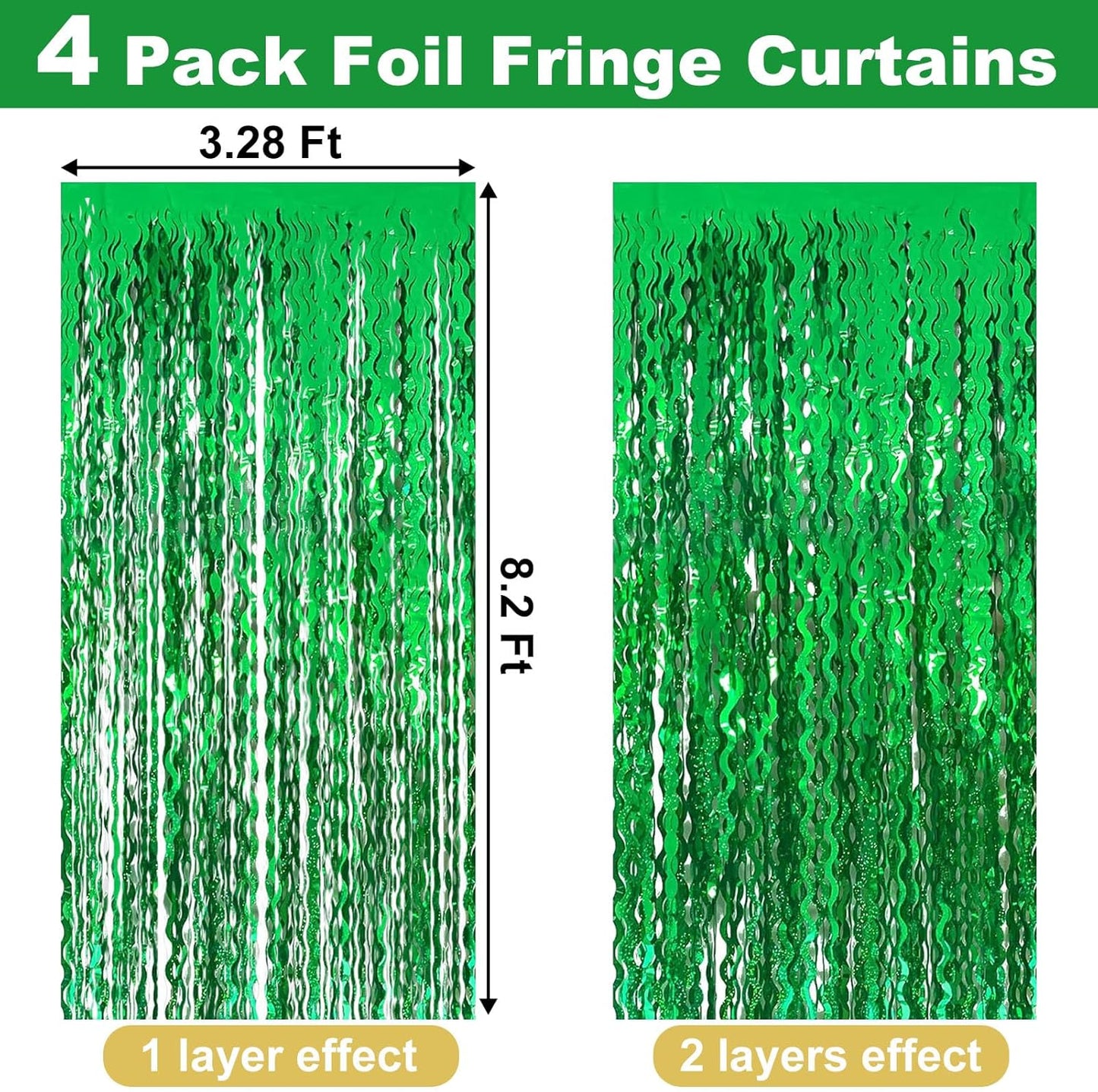 4 Pack Green Fringe Curtain Backdrop 3.2Ft x 8.2Ft Metallic Tinsel Foil Fringe Streamers Background for Photo Booth, Easter, Mother's Day, Bachelorette, Wedding, Birthday Party Decoration