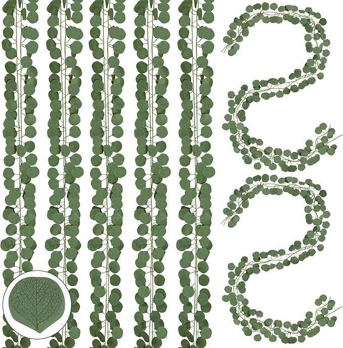 Sggvecsy 24Pcs Artificial Eucalyptus Garland Greenery Leaves Silk Vines Silver Dollar Leaves Faux Leaf Plants for Wedding Wall Table Party Home Fireplace Bedroom Decor