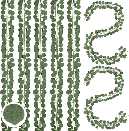 Sggvecsy 16Pcs Artificial Eucalyptus Garland Greenery Leaves Silk Vines Silver Dollar Leaves Faux Leaf Plants for Wedding Wall Table Party Home Fireplace Bedroom Decor