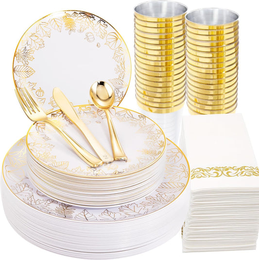 Supernal 175pcs Thanksgiving Gold Plastic Plates,Disposable Dinnerware Set,Elegant Thanksgiving Maple Leaf Design,25Gold Plastic Silverware,25Gold Disposable Cups and Gold Paper Napkins